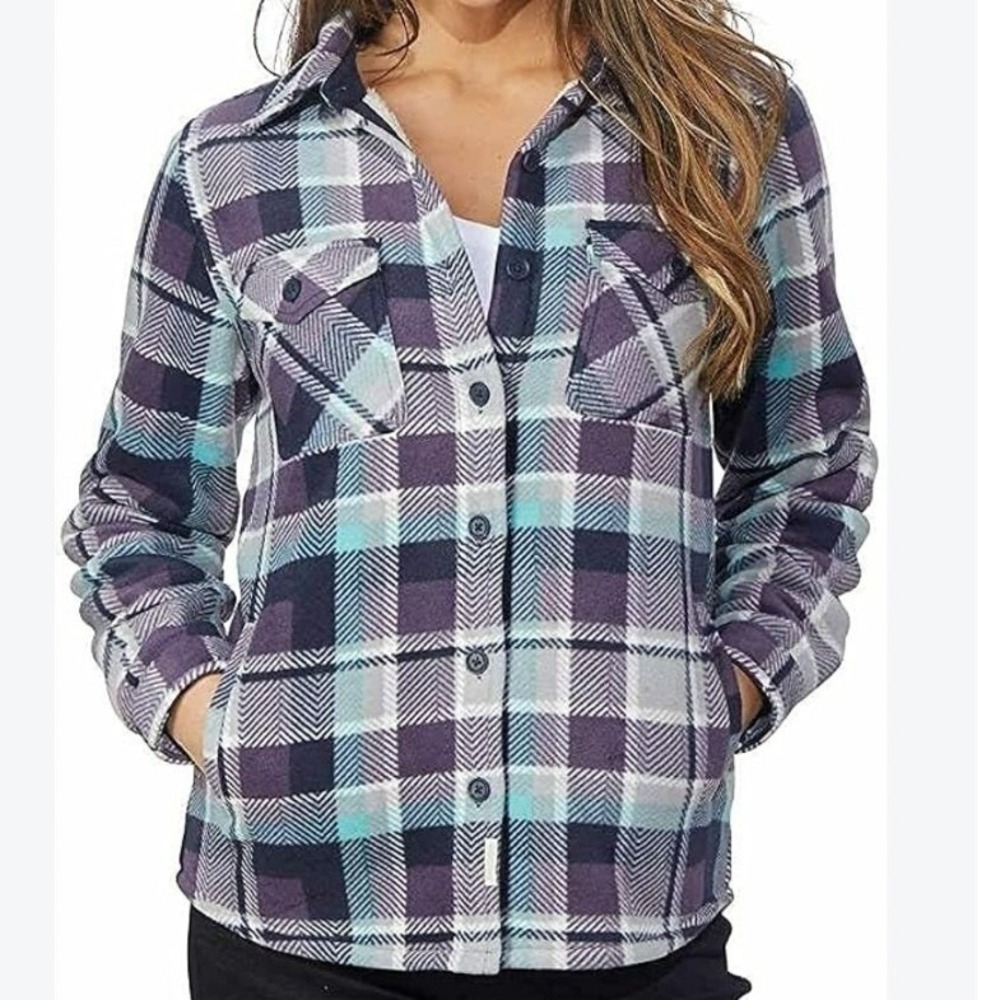 Soho Threads Women Purple Plaid Fleece Shacket XL Cozy Lined Jacket